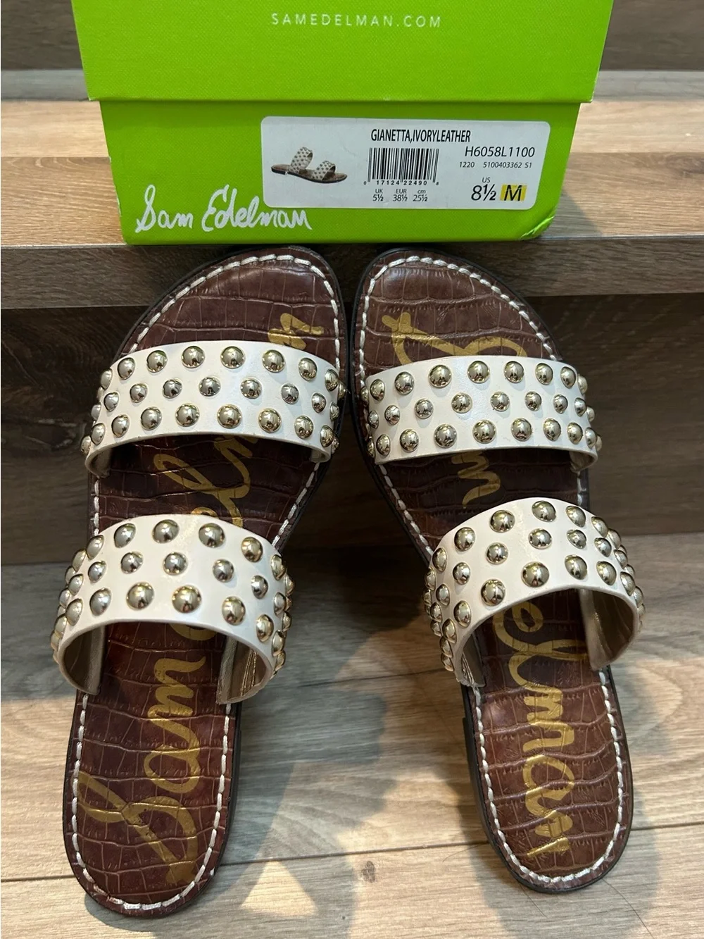 Sam Edelman Ivory Leather Studded Double-Strap Slide Mules - Picture 2 of 12